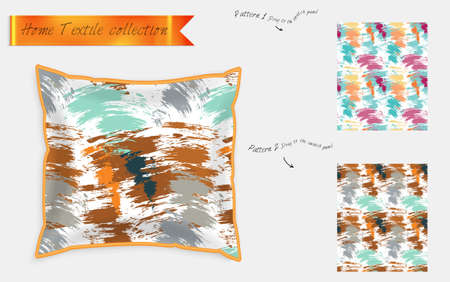 Interior design textile patterns. Realistic satin decorative pillow mock up with seamless pattern isolated on white. Two hand drawn seamless patterns with rough texture.のイラスト素材