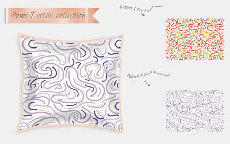 Interior design textile patterns. Realistic satin decorative pillow mock up with seamless pattern isolated on white. Two hand drawn seamless patterns with rough texture.のイラスト素材
