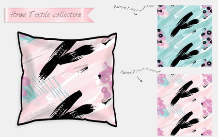 Interior design textile patterns. Realistic satin decorative pillow mock up with seamless pattern isolated on white. Two hand drawn seamless patterns with rough texture.のイラスト素材