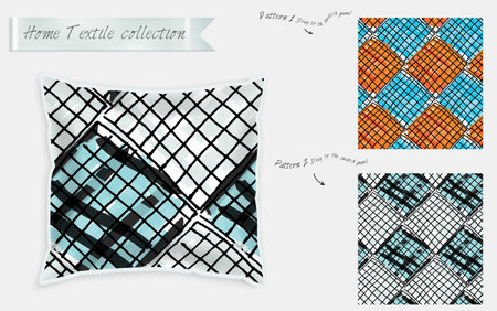 Interior design textile patterns. Realistic satin decorative pillow mock up with seamless pattern...
