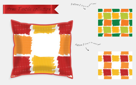 Interior design textile patterns. Realistic satin decorative pillow mock up with seamless pattern isolated on white. Two hand drawn seamless patterns with rough texture.のイラスト素材