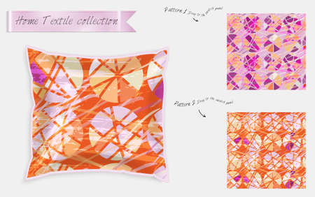 Interior design textile patterns. Realistic satin decorative pillow mock up with seamless pattern isolated on white. Two hand drawn seamless patterns with rough texture.のイラスト素材