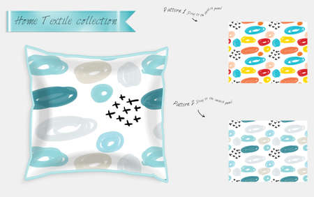 Interior design textile patterns. Realistic satin decorative pillow mock up with seamless pattern isolated on white. Two hand drawn seamless patterns with rough texture.のイラスト素材