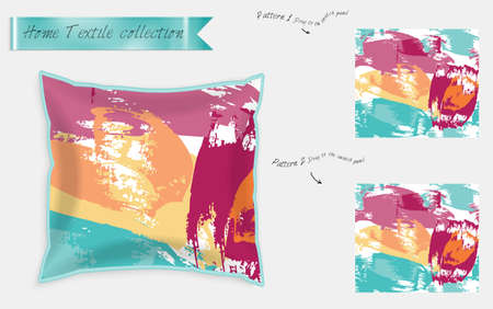 Interior design textile patterns. Realistic satin decorative pillow mock up with seamless pattern isolated on white. Two hand drawn seamless patterns with rough texture.のイラスト素材