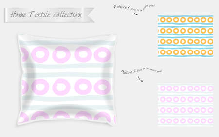 Interior design textile patterns. Realistic satin decorative pillow mock up with seamless pattern isolated on white. Two hand drawn seamless patterns with rough texture.のイラスト素材