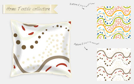 Interior design textile patterns. Realistic satin decorative pillow mock up with seamless pattern isolated on white. Two hand drawn seamless patterns with rough texture.のイラスト素材