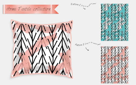 Interior design textile patterns. Realistic satin decorative pillow mock up with seamless pattern isolated on white. Two hand drawn seamless patterns with rough texture.のイラスト素材