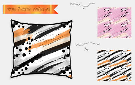 Interior design textile patterns. Realistic satin decorative pillow mock up with seamless pattern isolated on white. Two hand drawn seamless patterns with rough texture.のイラスト素材