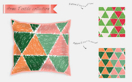 Interior design textile patterns. Realistic satin decorative pillow mock up with seamless pattern isolated on white. Two hand drawn seamless patterns with rough texture.のイラスト素材