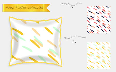 Interior design textile patterns. Realistic satin decorative pillow mock up with seamless pattern isolated on white. Two hand drawn seamless patterns with rough texture.のイラスト素材