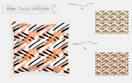 Interior design textile patterns. Realistic satin decorative pillow mock up with seamless pattern isolated on white. Two hand drawn seamless patterns with rough texture.のイラスト素材