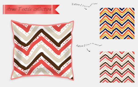 Interior design textile patterns. Realistic satin decorative pillow mock up with seamless pattern isolated on white. Two hand drawn seamless patterns with rough texture.のイラスト素材