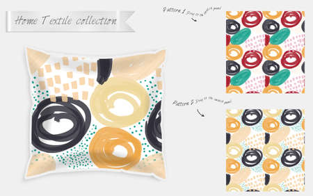 Interior design textile patterns. Realistic satin decorative pillow mock up with seamless pattern isolated on white. Two hand drawn seamless patterns with rough texture.のイラスト素材