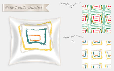 Interior design textile patterns. Realistic satin decorative pillow mock up with seamless pattern isolated on white. Two hand drawn seamless patterns with rough texture.のイラスト素材