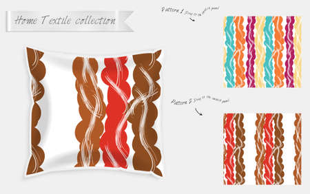 Interior design textile patterns. Realistic satin decorative pillow mock up with seamless pattern isolated on white. Two hand drawn seamless patterns with rough texture.のイラスト素材