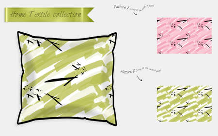 Interior design textile patterns. Realistic satin decorative pillow mock up with seamless pattern isolated on white. Two hand drawn seamless patterns with rough texture.のイラスト素材