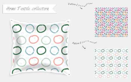 Interior design textile patterns. Realistic satin decorative pillow mock up with seamless pattern isolated on white. Two hand drawn seamless patterns with rough texture.のイラスト素材