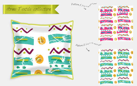 Interior design textile patterns. Realistic satin decorative pillow mock up with seamless pattern isolated on white. Two hand drawn seamless patterns with rough texture.のイラスト素材