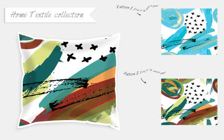 Interior design textile patterns. Realistic satin decorative pillow mock up with seamless pattern isolated on white. Two hand drawn seamless patterns with rough texture.のイラスト素材