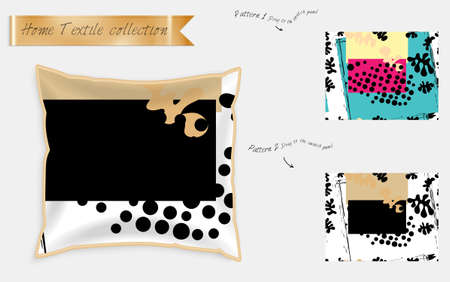 Interior design textile patterns. Realistic satin decorative pillow mock up with seamless pattern isolated on white. Two hand drawn seamless patterns with rough texture.のイラスト素材