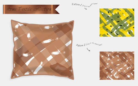 Interior design textile patterns. Realistic satin decorative pillow mock up with seamless pattern isolated on white. Two hand drawn seamless patterns with rough texture.のイラスト素材