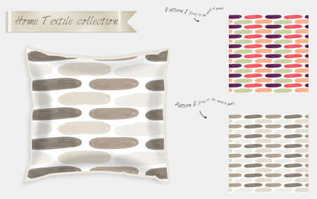 Interior design textile patterns. Realistic satin decorative pillow mock up with seamless pattern isolated on white. Two hand drawn seamless patterns with rough texture.のイラスト素材