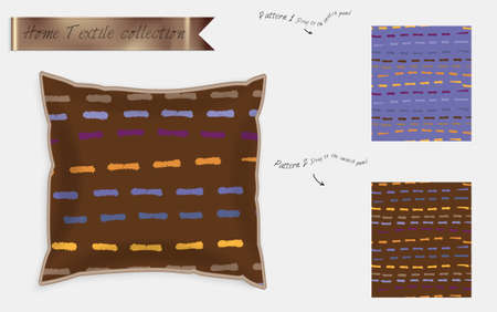 Interior design textile patterns. Realistic satin decorative pillow mock up with seamless pattern isolated on white. Two hand drawn seamless patterns with rough texture.のイラスト素材