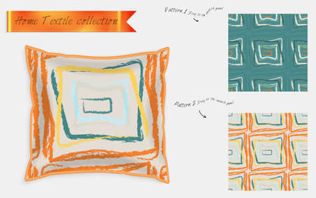 Interior design textile patterns. Realistic satin decorative pillow mock up with seamless pattern isolated on white. Two hand drawn seamless patterns with rough texture.のイラスト素材