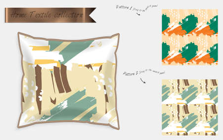 Interior design textile patterns. Realistic satin decorative pillow mock up with seamless pattern isolated on white. Two hand drawn seamless patterns with rough texture.のイラスト素材