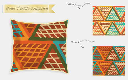 Interior design textile patterns. Realistic satin decorative pillow mock up with seamless pattern isolated on white. Two hand drawn seamless patterns with rough texture.のイラスト素材
