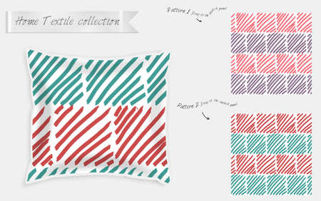 Interior design textile patterns. Realistic satin decorative pillow mock up with seamless pattern isolated on white. Two hand drawn seamless patterns with rough texture.のイラスト素材