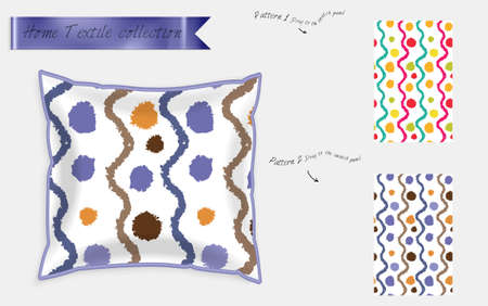 Interior design textile patterns. Realistic satin decorative pillow mock up with seamless pattern isolated on white. Two hand drawn seamless patterns with rough texture.のイラスト素材