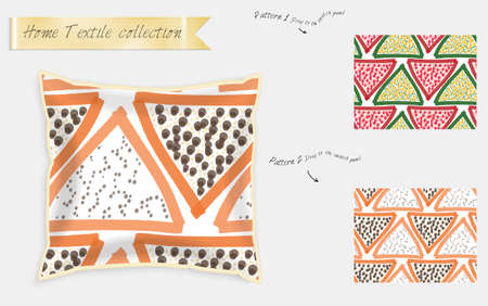 Interior design textile patterns. Realistic satin decorative pillow mock up with seamless pattern isolated on white. Two hand drawn seamless patterns with rough texture.のイラスト素材