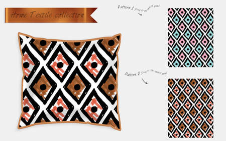 Interior design textile patterns. Realistic satin decorative pillow mock up with seamless pattern isolated on white. Two hand drawn seamless patterns with rough texture.のイラスト素材