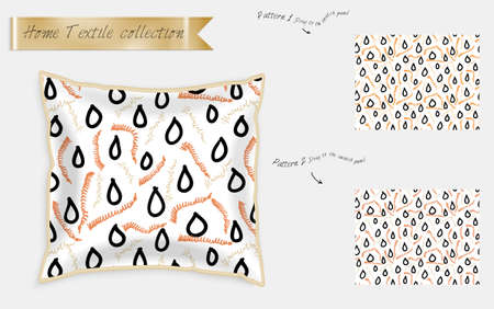 Interior design textile patterns. Realistic satin decorative pillow mock up with seamless pattern isolated on white. Two hand drawn seamless patterns with rough texture.のイラスト素材