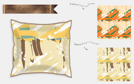 Interior design textile patterns. Realistic satin decorative pillow mock up with seamless pattern isolated on white. Two hand drawn seamless patterns with rough texture.のイラスト素材