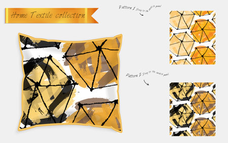 Interior design textile patterns. Realistic satin decorative pillow mock up with seamless pattern isolated on white. Two hand drawn seamless patterns with rough texture.のイラスト素材