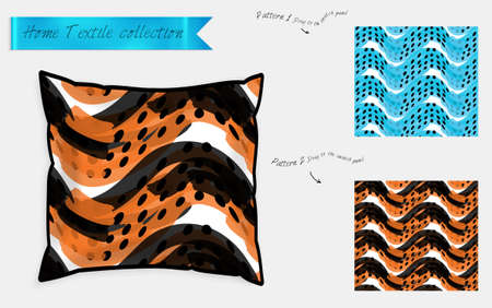 Interior design textile patterns. Realistic satin decorative pillow mock up with seamless pattern isolated on white. Two hand drawn seamless patterns with rough texture.のイラスト素材