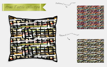 Interior design textile patterns. Realistic satin decorative pillow mock up with seamless pattern isolated on white. Two hand drawn seamless patterns with rough texture.のイラスト素材