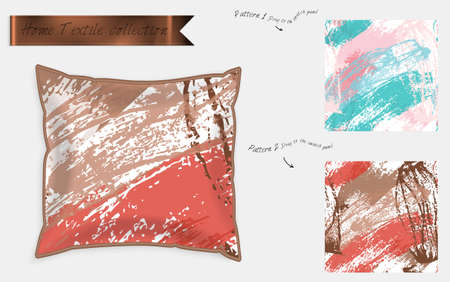 Interior design textile patterns. Realistic satin decorative pillow mock up with seamless pattern isolated on white. Two hand drawn seamless patterns with rough texture.のイラスト素材