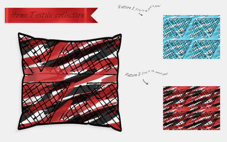 Interior design textile patterns. Realistic satin decorative pillow mock up with seamless pattern isolated on white. Two hand drawn seamless patterns with rough texture.のイラスト素材