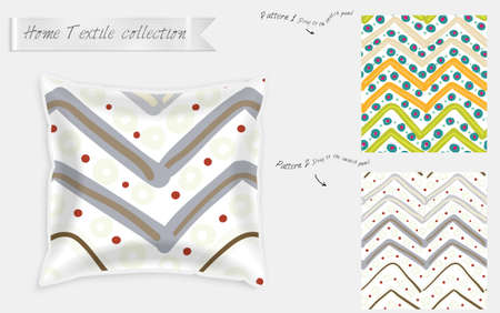 Interior design textile patterns. Realistic satin decorative pillow mock up with seamless pattern isolated on white. Two hand drawn seamless patterns with rough texture.のイラスト素材