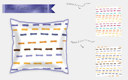 Interior design textile patterns. Realistic satin decorative pillow mock up with seamless pattern isolated on white. Two hand drawn seamless patterns with rough texture.のイラスト素材