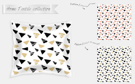 Interior design textile patterns. Realistic satin decorative pillow mock up with seamless pattern isolated on white. Two hand drawn seamless patterns with rough texture.のイラスト素材