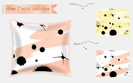 Interior design textile patterns. Realistic satin decorative pillow mock up with seamless pattern isolated on white. Two hand drawn seamless patterns with rough texture.のイラスト素材