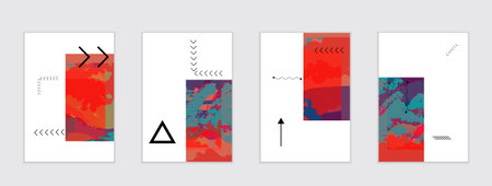Set of artistic abstract universal card templates with simple geometric shapes and hand drawn doodle...
