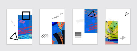 Set of artistic abstract universal card templates with simple geometric shapes and hand drawn doodle...
