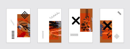 Set of artistic abstract universal card templates with simple geometric shapes and hand drawn doodle...