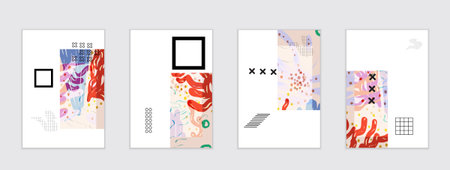 Set of artistic abstract universal card templates with simple geometric shapes and hand drawn doodle...