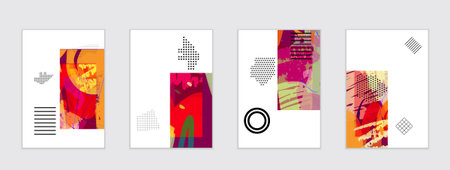 Set of artistic abstract universal card templates with simple geometric shapes and hand drawn doodle...